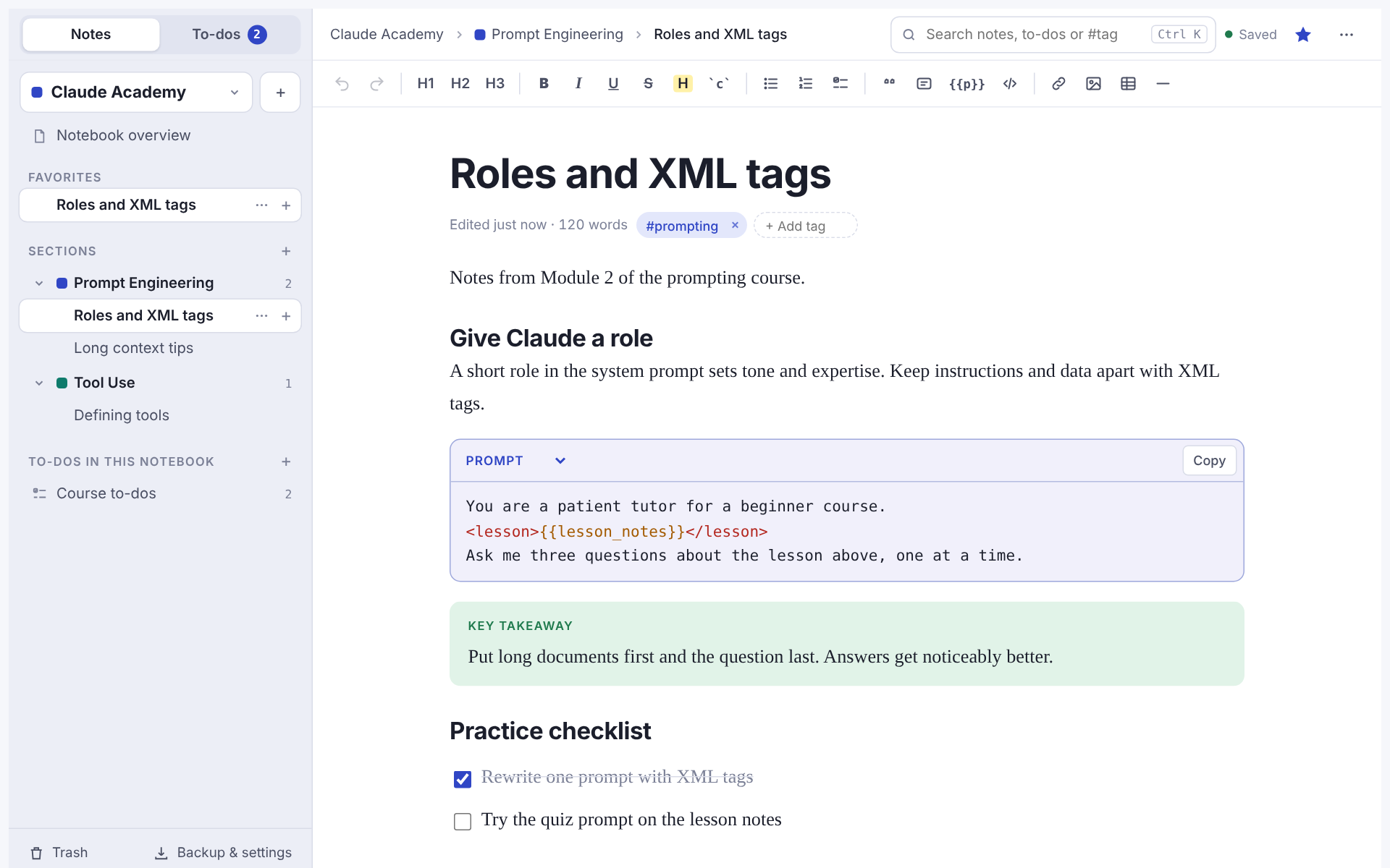 Noter on a laptop: a notebook with coloured sections in the sidebar and a page of course notes with a prompt block and a key takeaway.