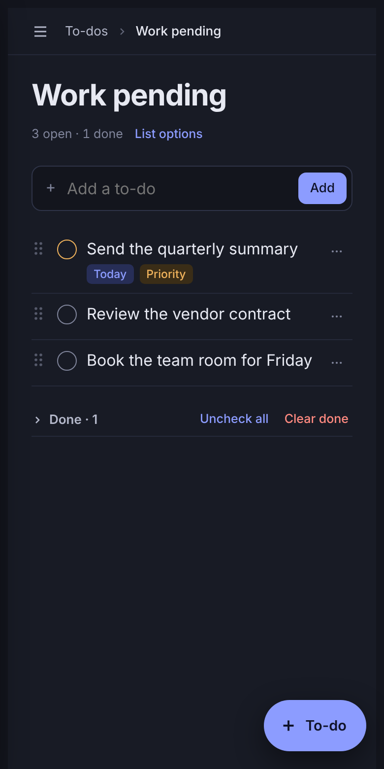 Noter on a phone in dark mode: a Work pending to-do list with one item due today and flagged as priority.